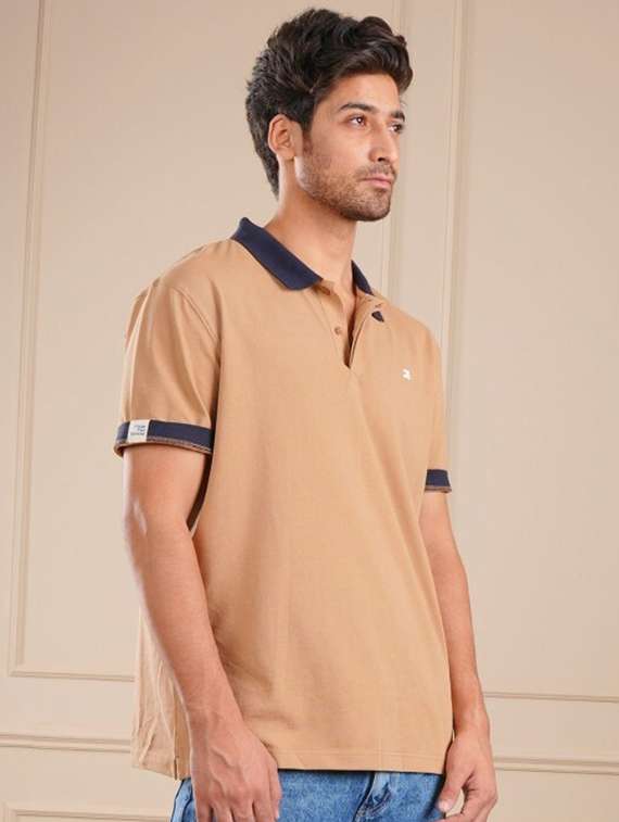 men beige solid short sleeve regular fit polo t-shirt - 21854355 - Standard Image - 1
