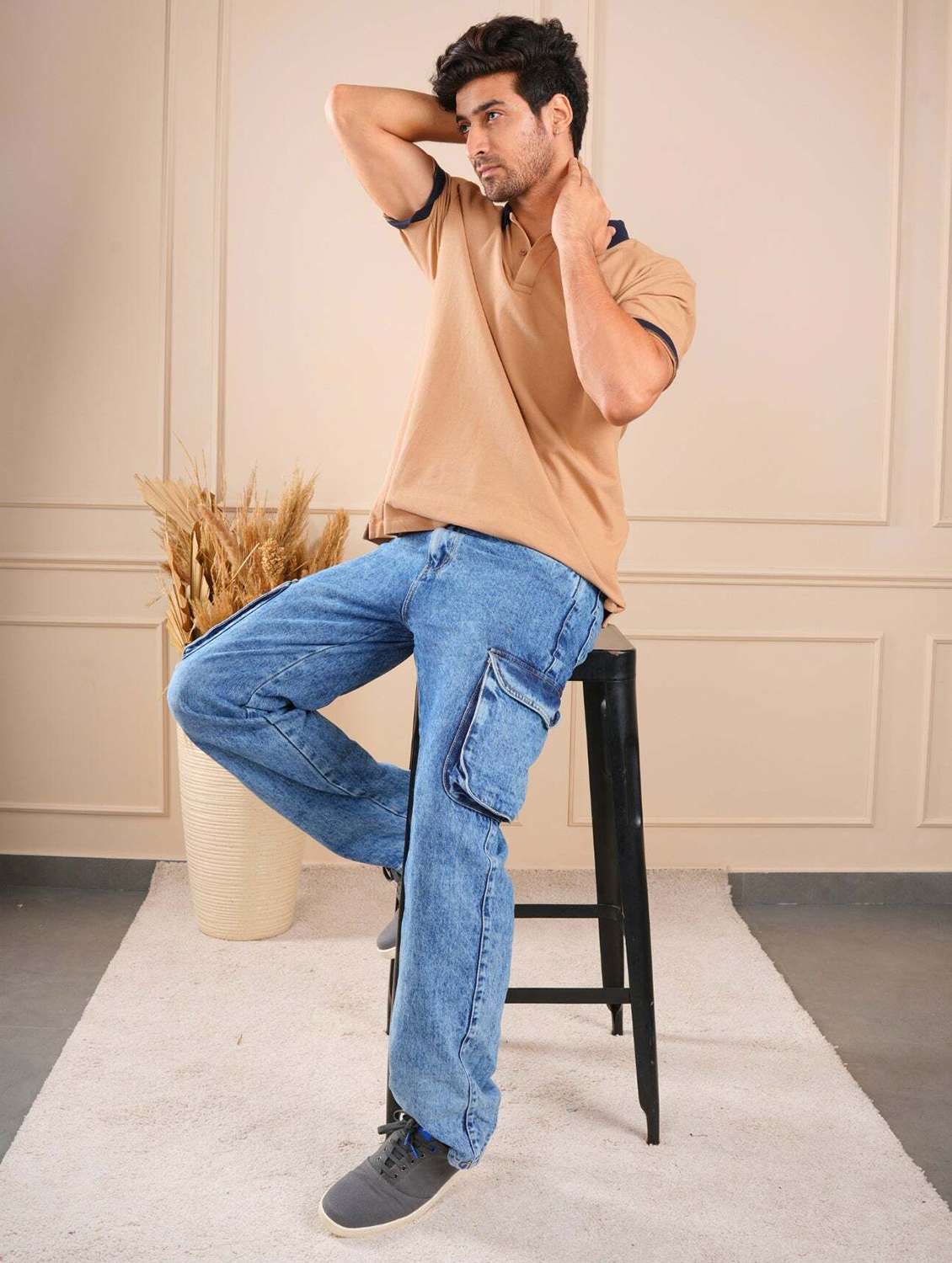 men beige solid short sleeve regular fit polo t-shirt - 21854355 - Standard Image - 4