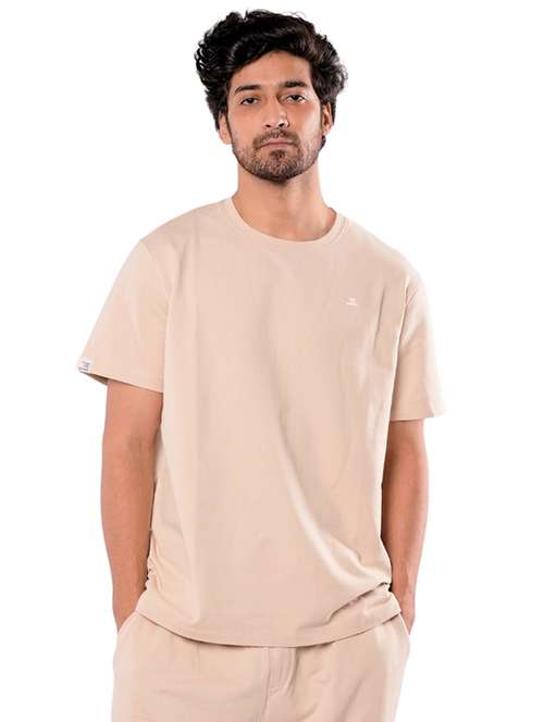 men beige solid short sleeve regular fit t-shirt - 21854358 -  Standard Image - 0