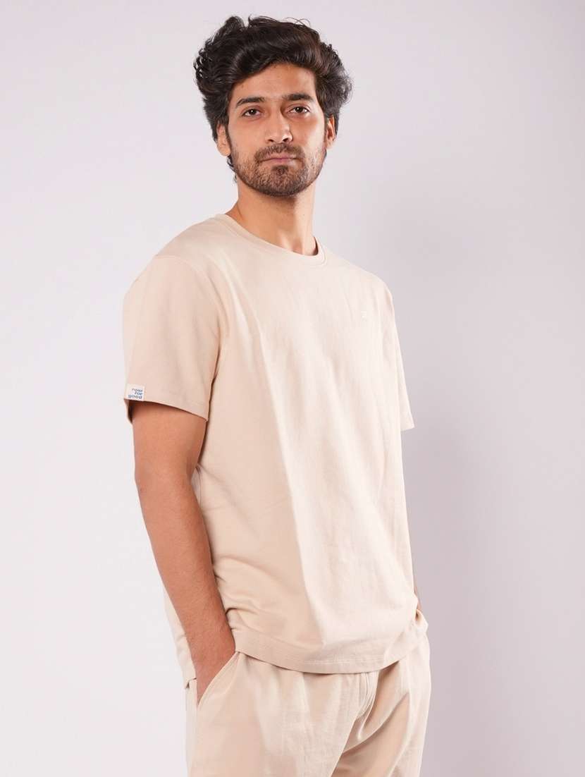 men beige solid short sleeve regular fit t-shirt - 21854358 -  Standard Image - 1