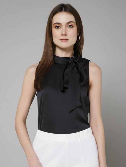 women solid tie up neck regular top - 21854416 - Standard Image - 0