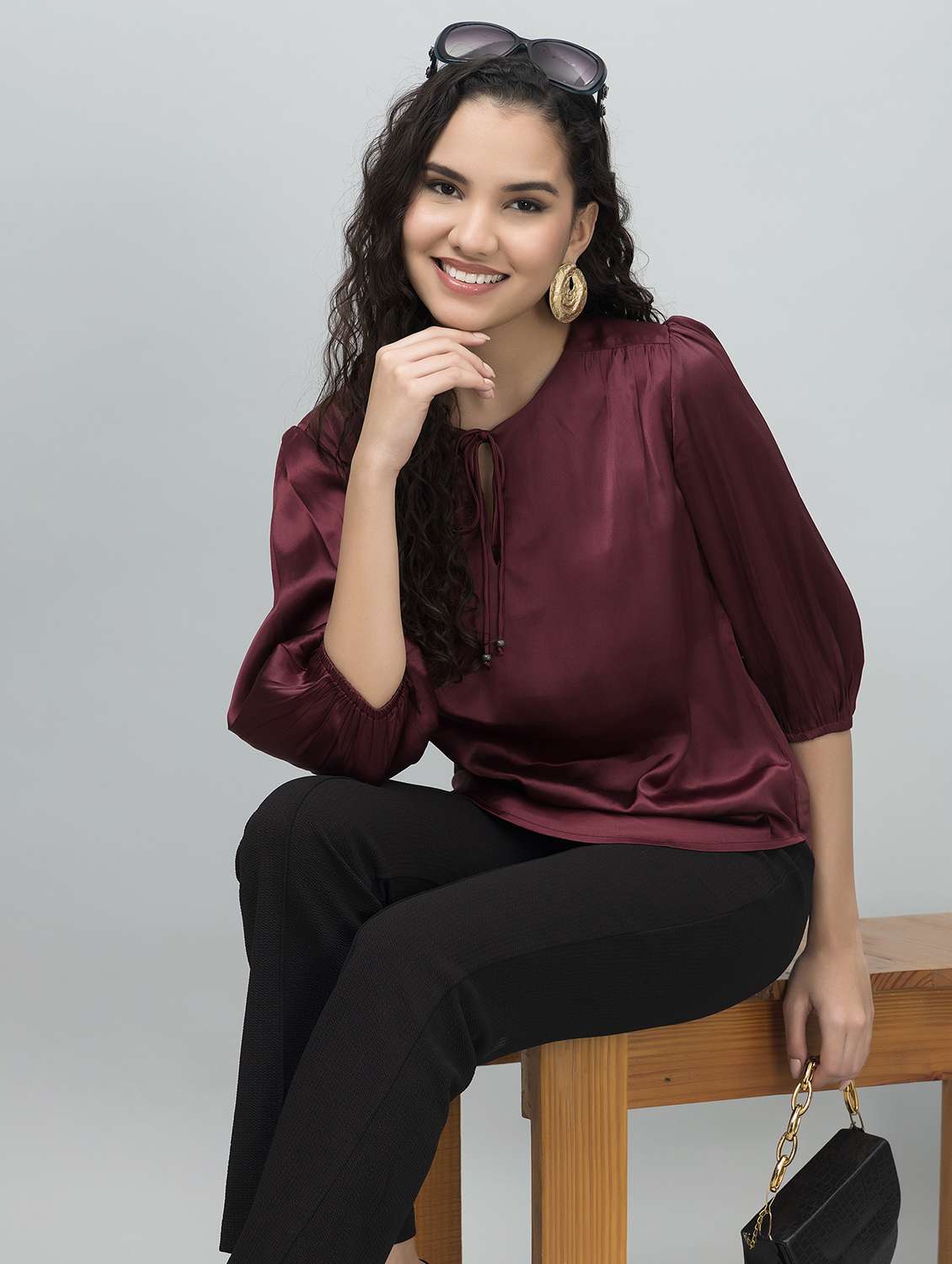 women solid puff sleeves regular top