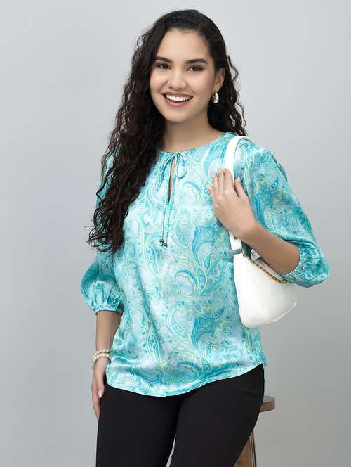 women printed puff sleeves tie-up neck top - 21854426 - Standard Image - 0
