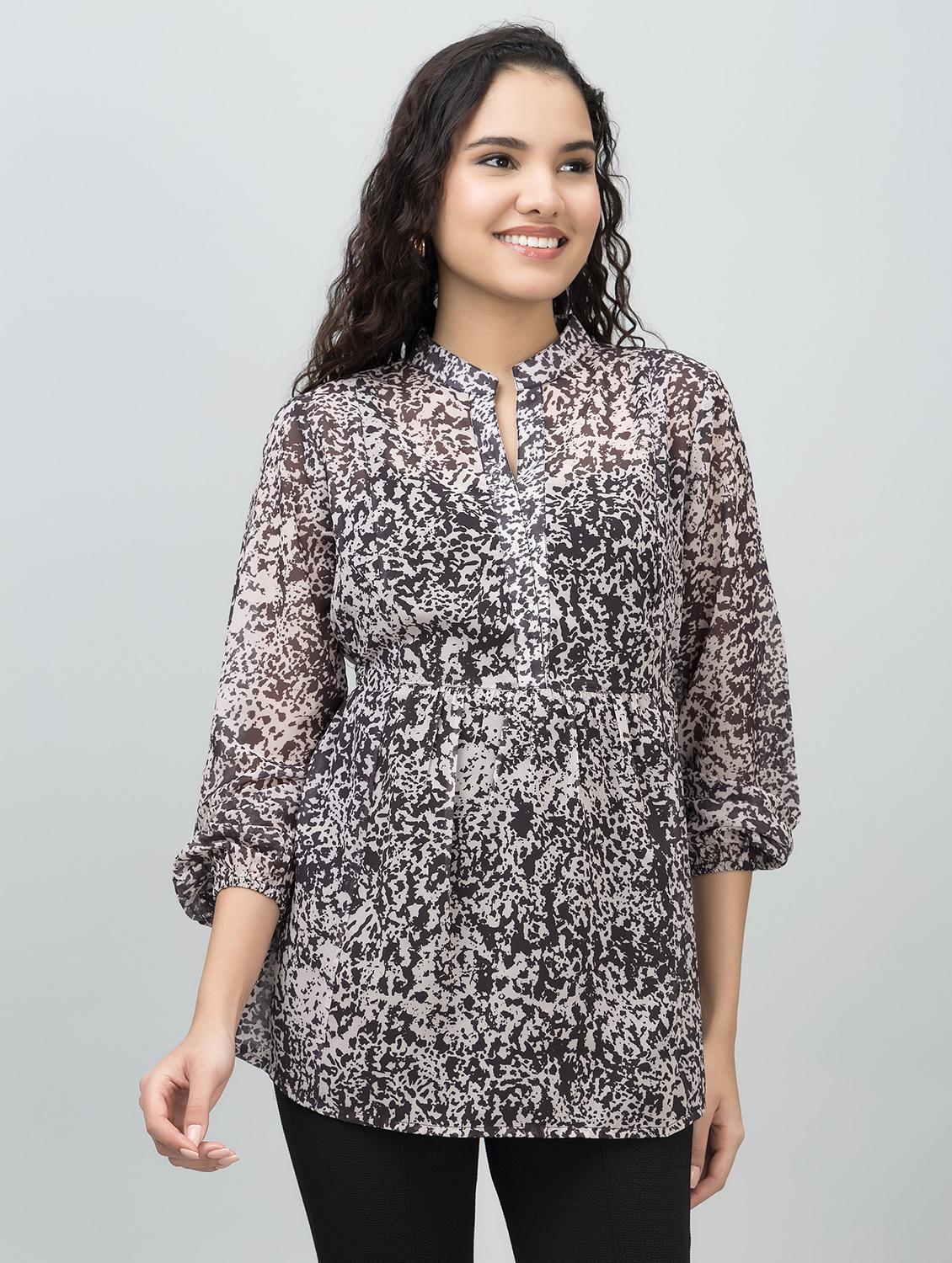 women printed mandarin neck regular tunic - 21854428 -  Standard Image - 1