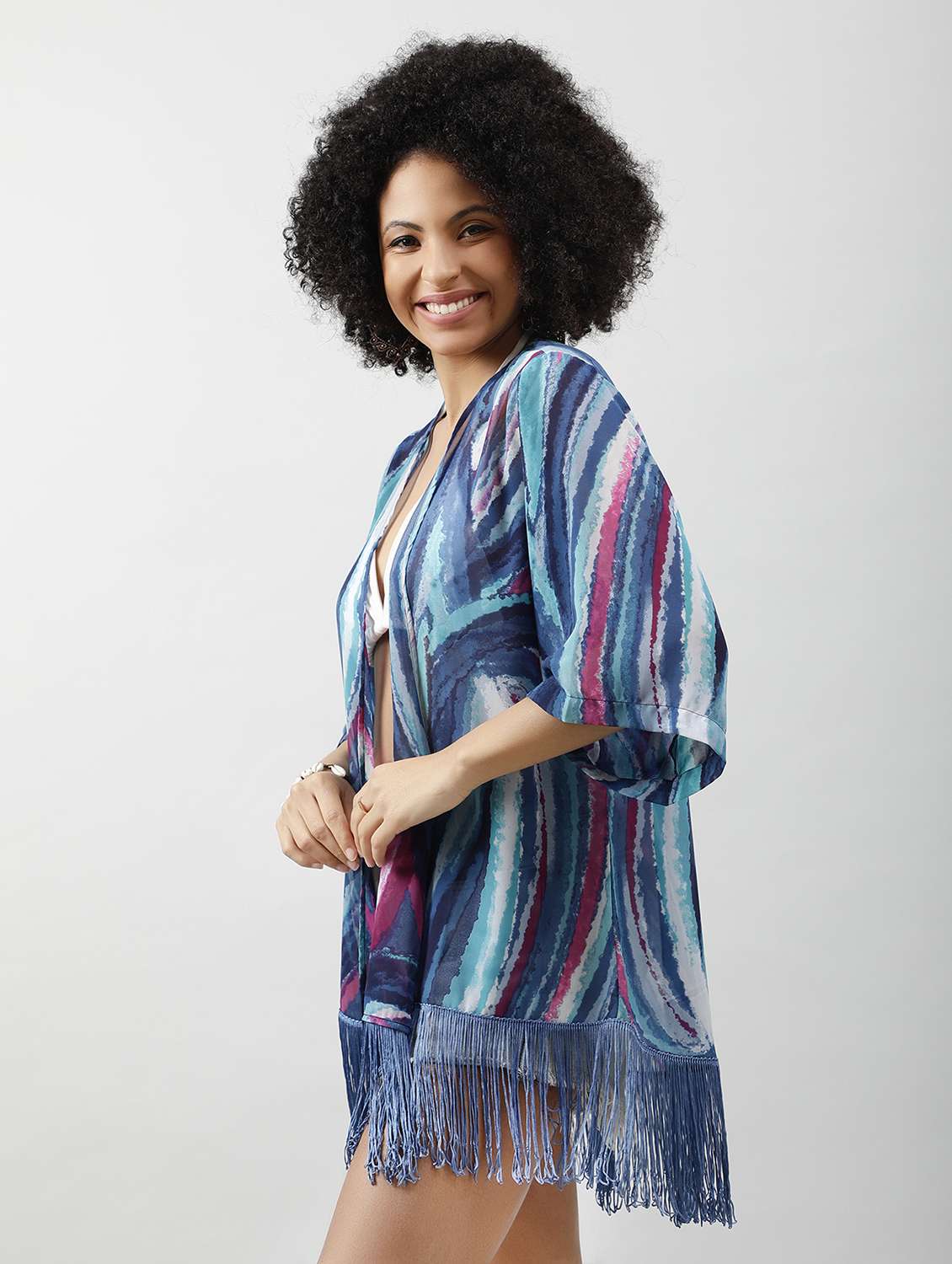 women printed regular fringed hem shrug - 21854430 - Standard Image - 1