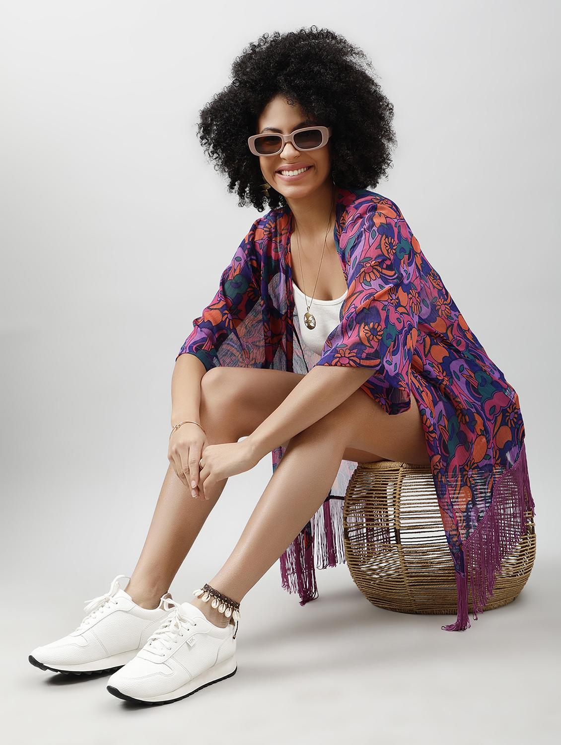 women printed regular fringed hem shrug - 21854431 - Standard Image - 6