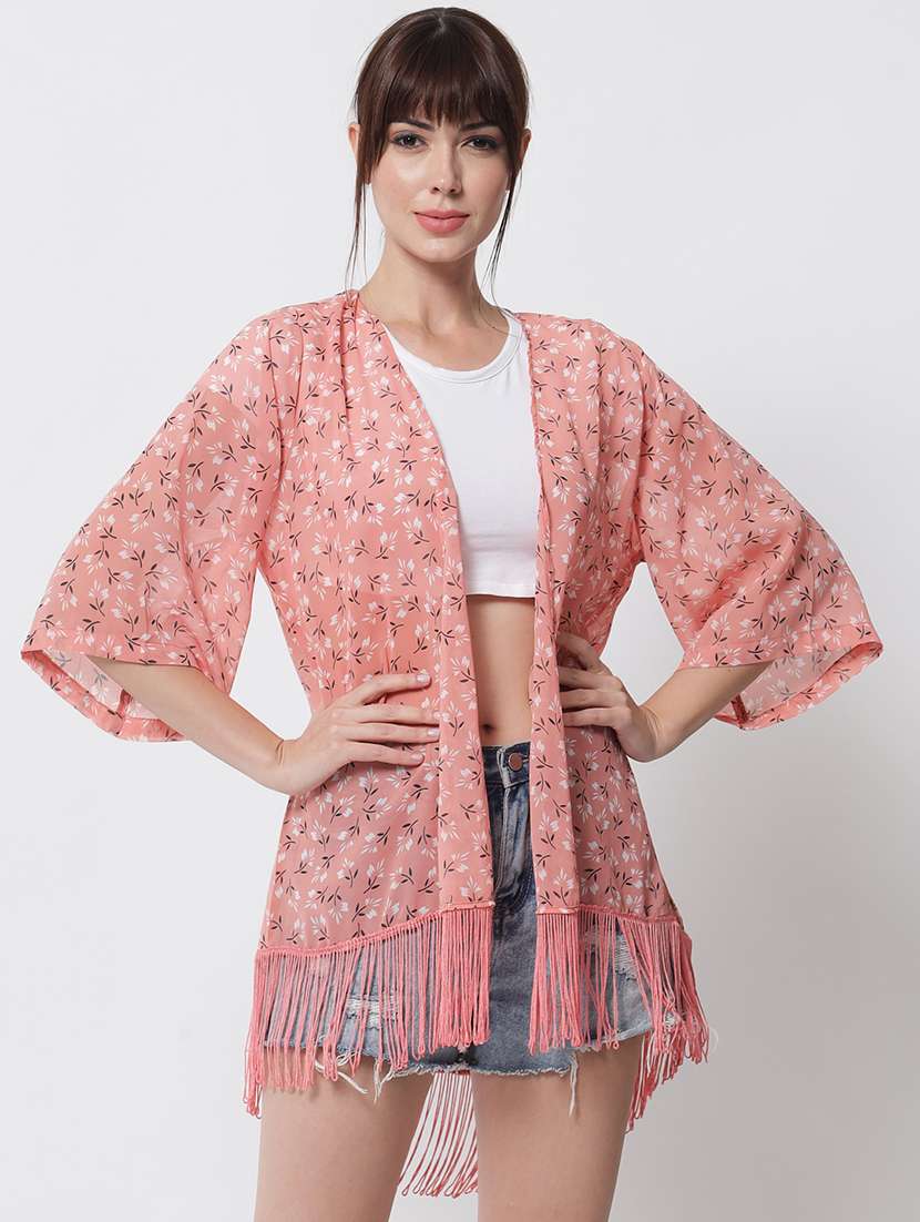 women floral printed fringed hem regular shrug