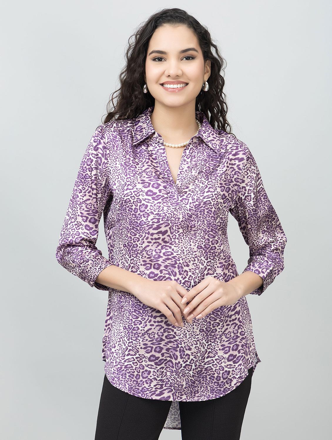 women animal print collared high low tunic - 21854435 -  Standard Image - 1