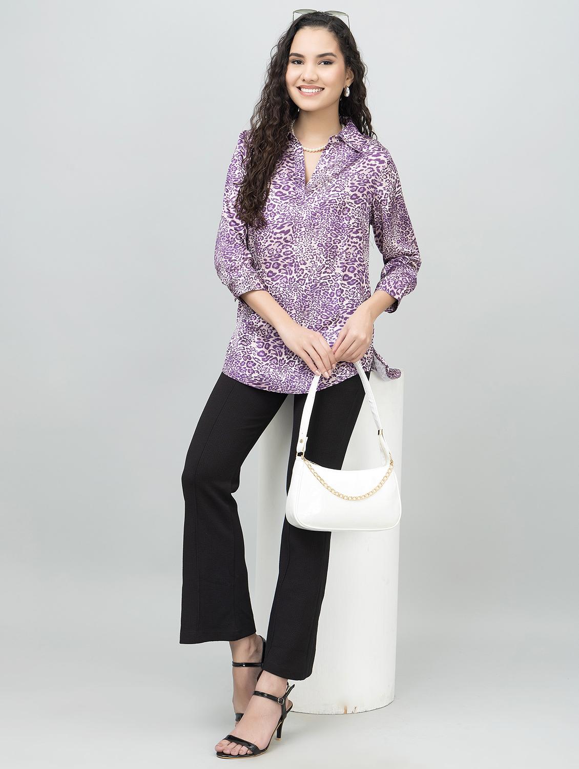 women animal print collared high low tunic - 21854435 - Standard Image - 6