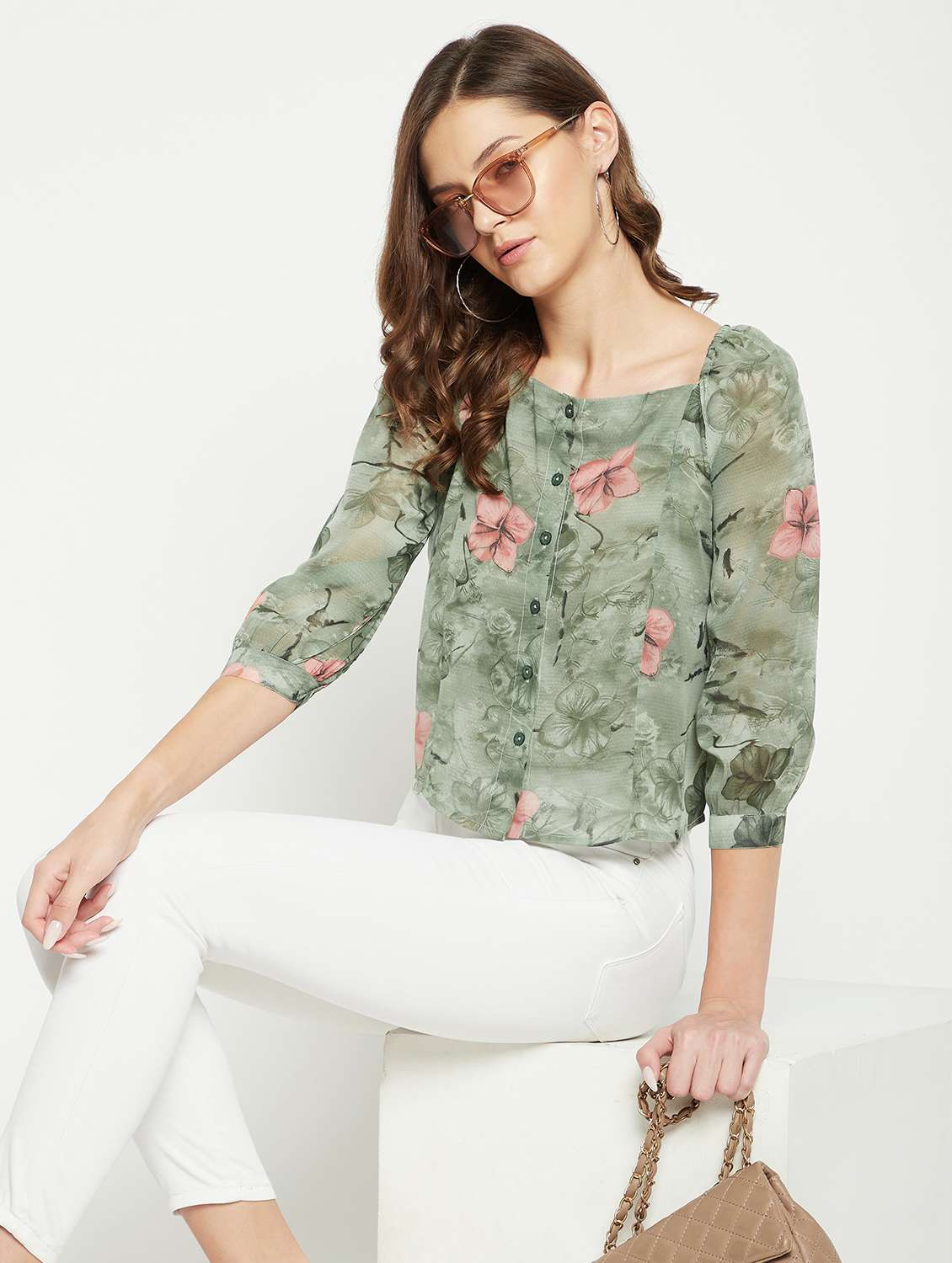 women floral printed puff sleeves top