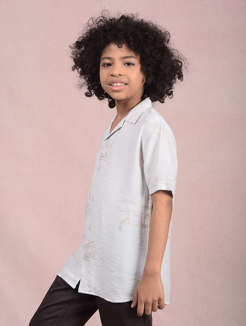 boys off white cuban collar embroidered casual shirt - 21854562 -  Standard Image - 1