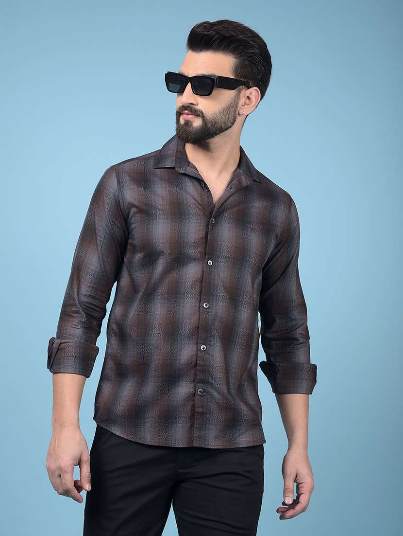 men checked long sleeve slim fit casual shirt 
