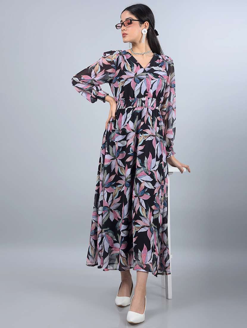 women printed puff sleeves fit & flared dress - 21854809 -  Standard Image - 1