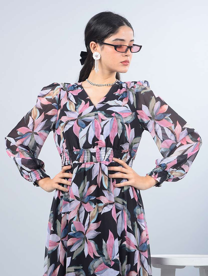 women printed puff sleeves fit & flared dress - 21854809 - Standard Image - 4