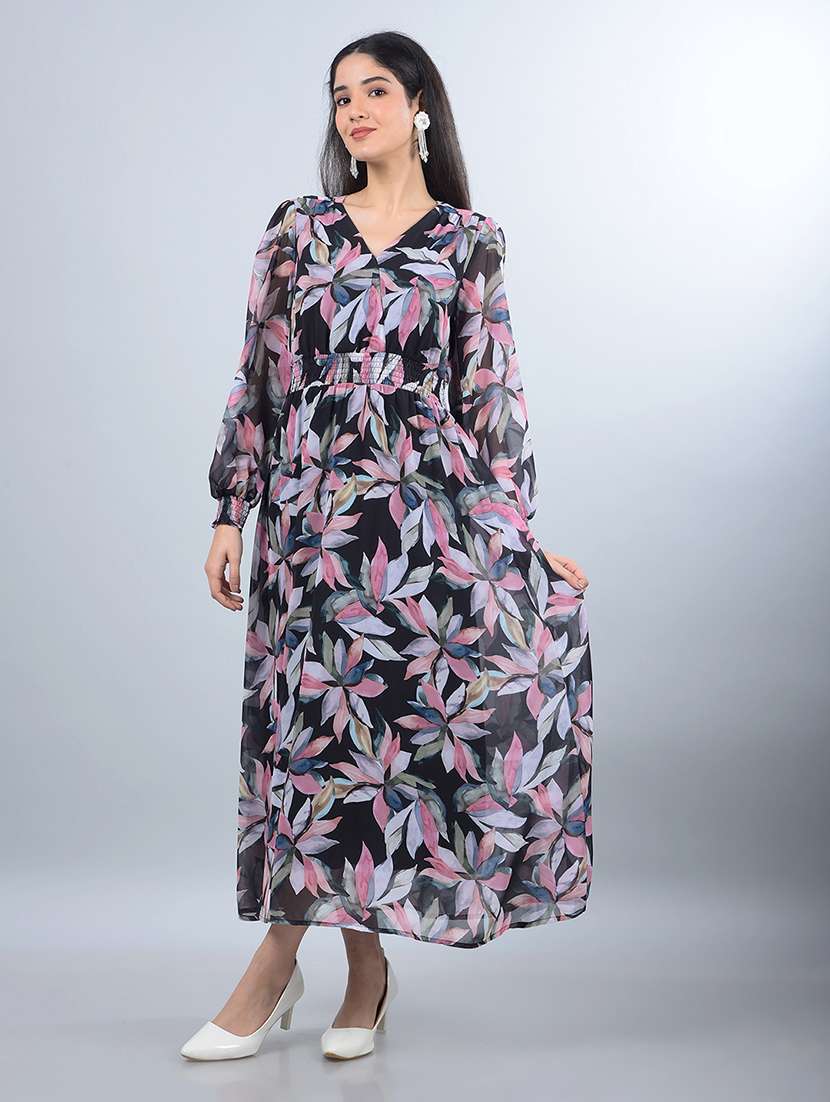 women printed puff sleeves fit & flared dress - 21854809 - Standard Image - 6