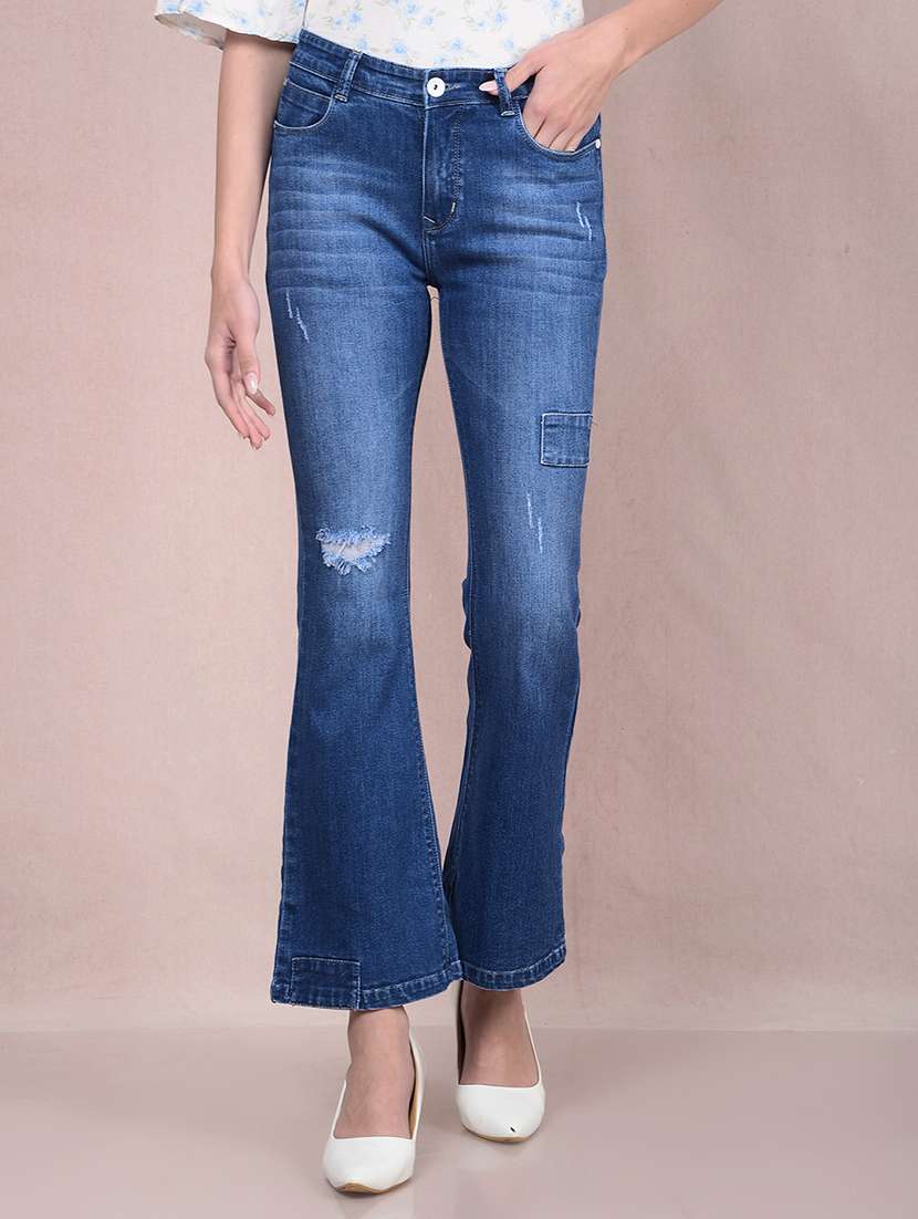 women distressed high rise bootcut jean