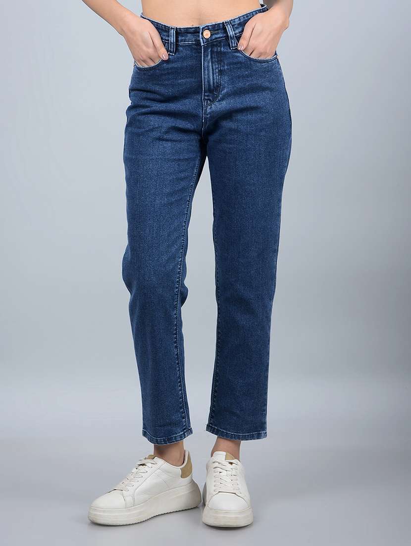 women solid high rise straight fit jean
