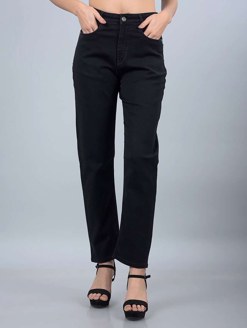 women solid mid rise straight fit jean