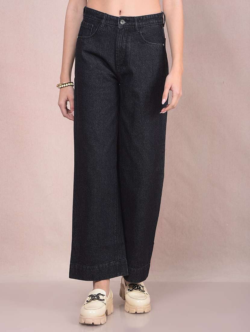 women solid high rise wide leg jean