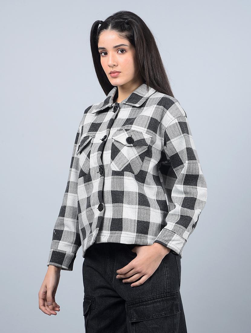 women checkered long sleeves shacket - 21854856 - Standard Image - 1