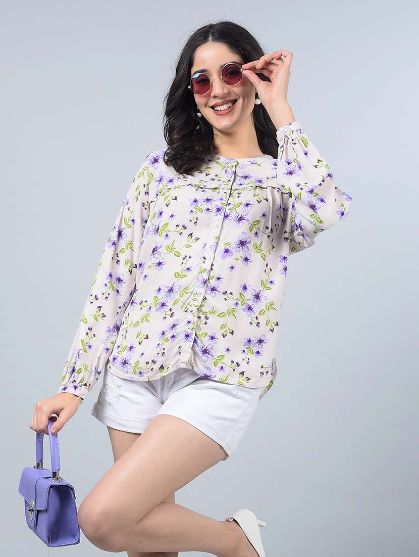 women floral print puff sleeves shirt