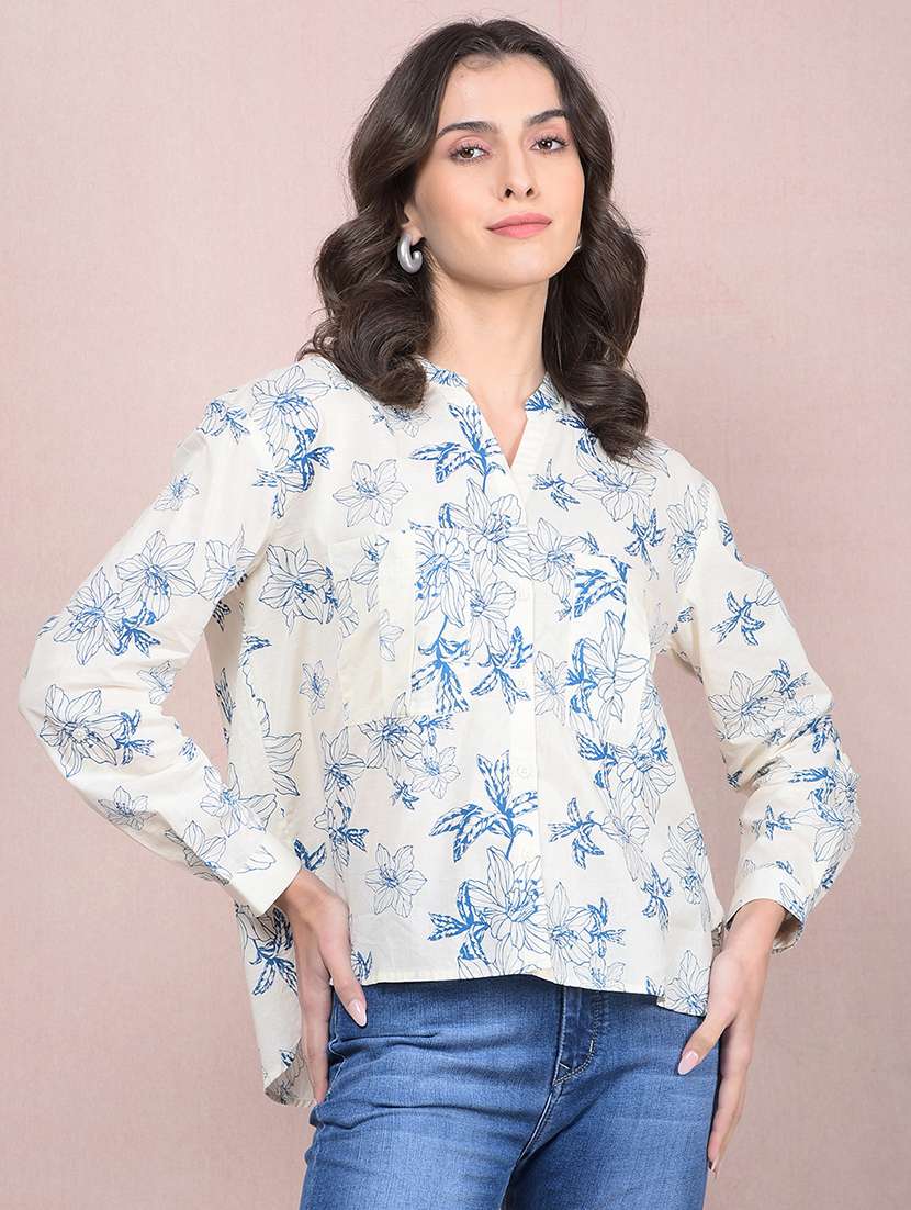 women printed long sleeves high low shirt