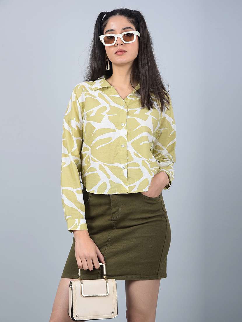 women printed long sleeves crop shirt