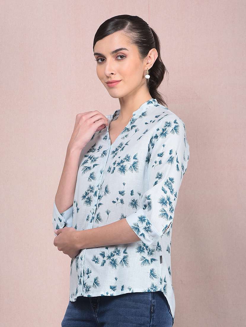 women printed mandarin neck high low shirt - 21854871 -  Standard Image - 1