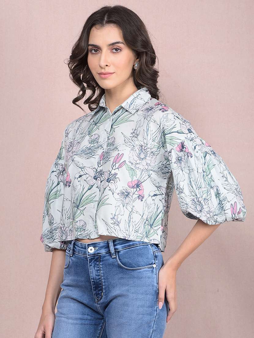 women printed puff sleeves crop shirt - 21854875 -  Standard Image - 1