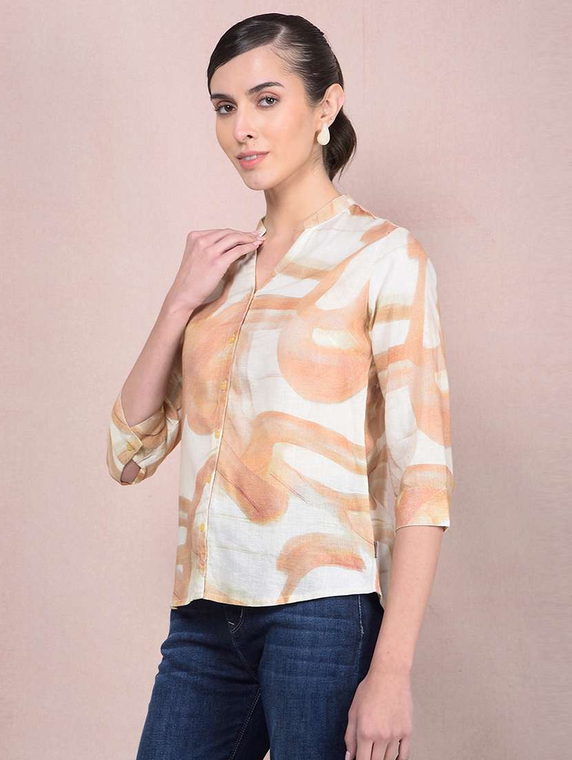 women printed mandrain neck high low shirt - 21854879 -  Standard Image - 1