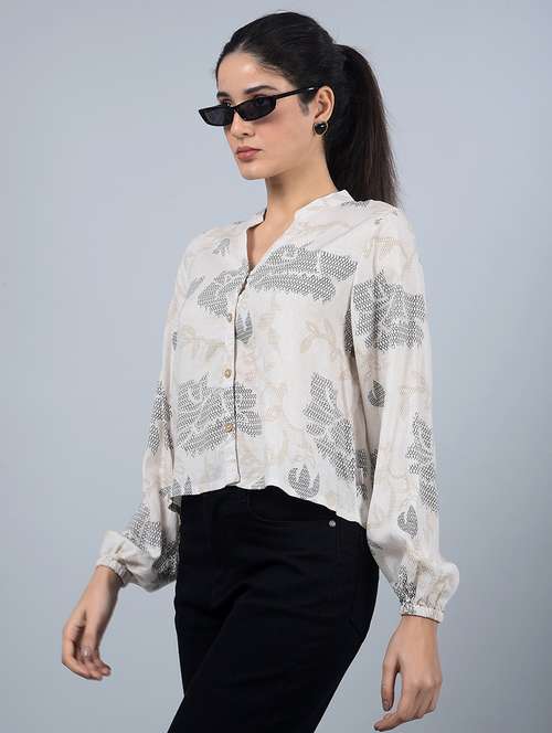 women printed long sleeves crop shirt - 21854882 - Standard Image - 0