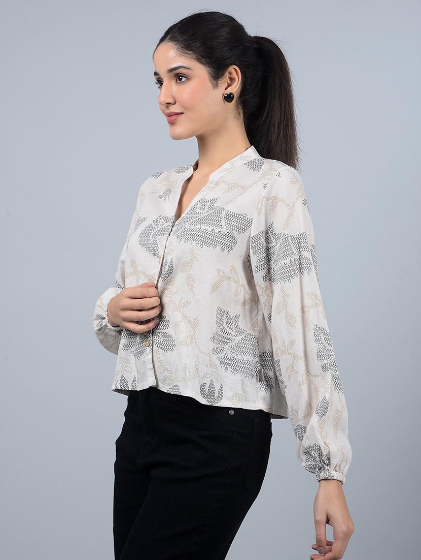 women printed long sleeves crop shirt - 21854882 - Standard Image - 1