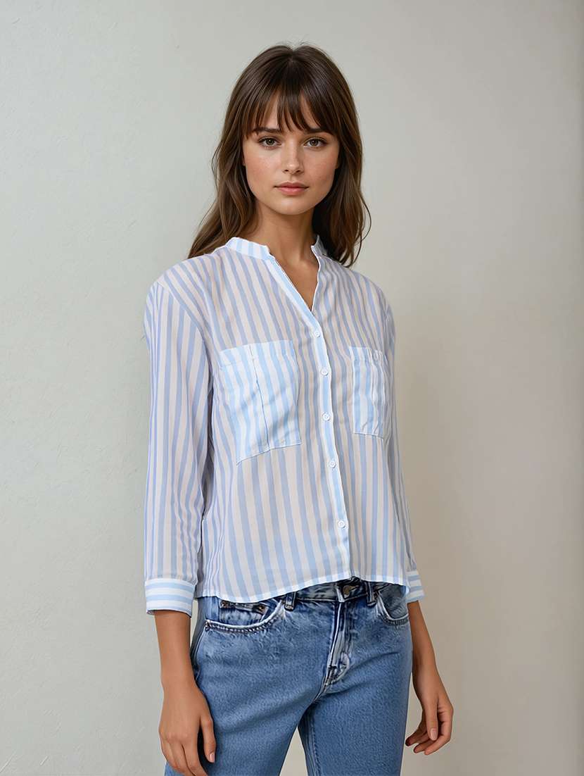women striped roll-up sleeves high low shirt