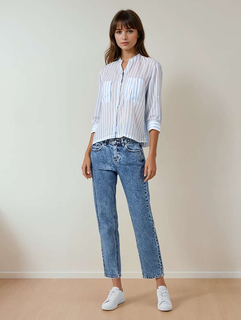 women striped roll-up sleeves high low shirt - 21854888 -  Standard Image - 1