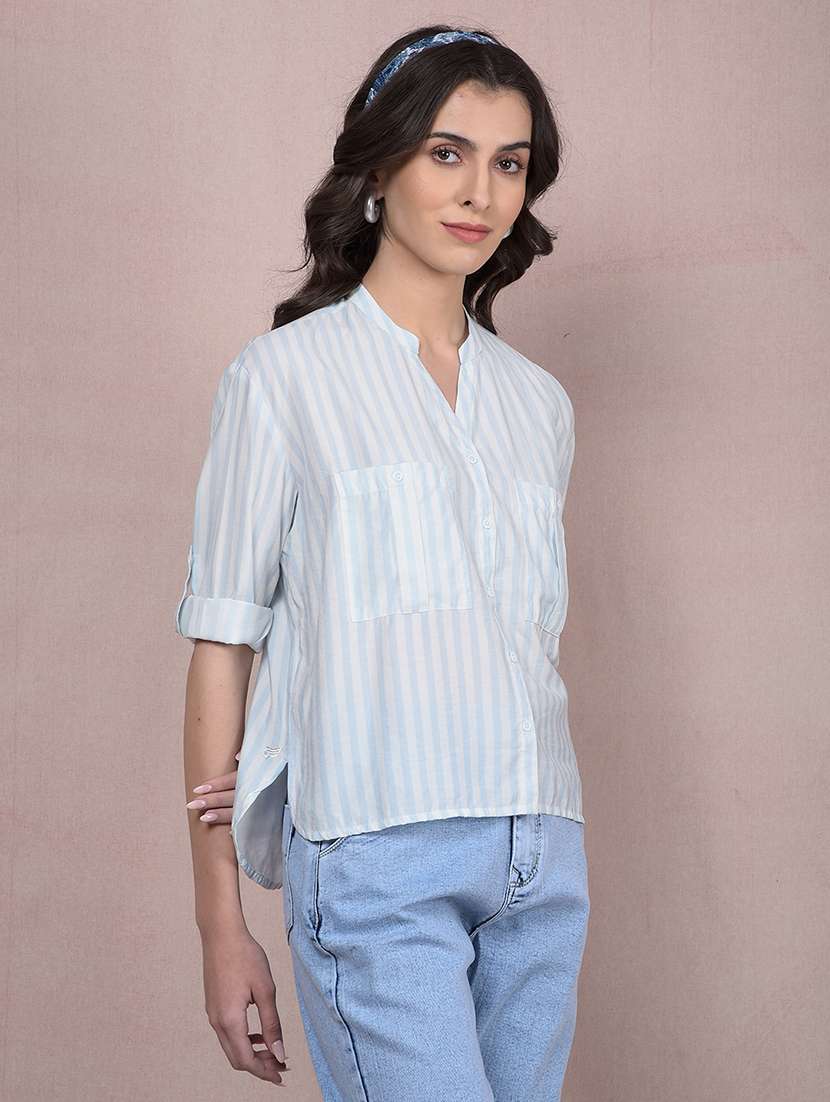 women striped roll-up sleeves high low shirt - 21854888 - Standard Image - 4