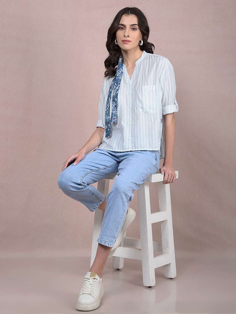 women striped roll-up sleeves high low shirt - 21854888 - Standard Image - 6