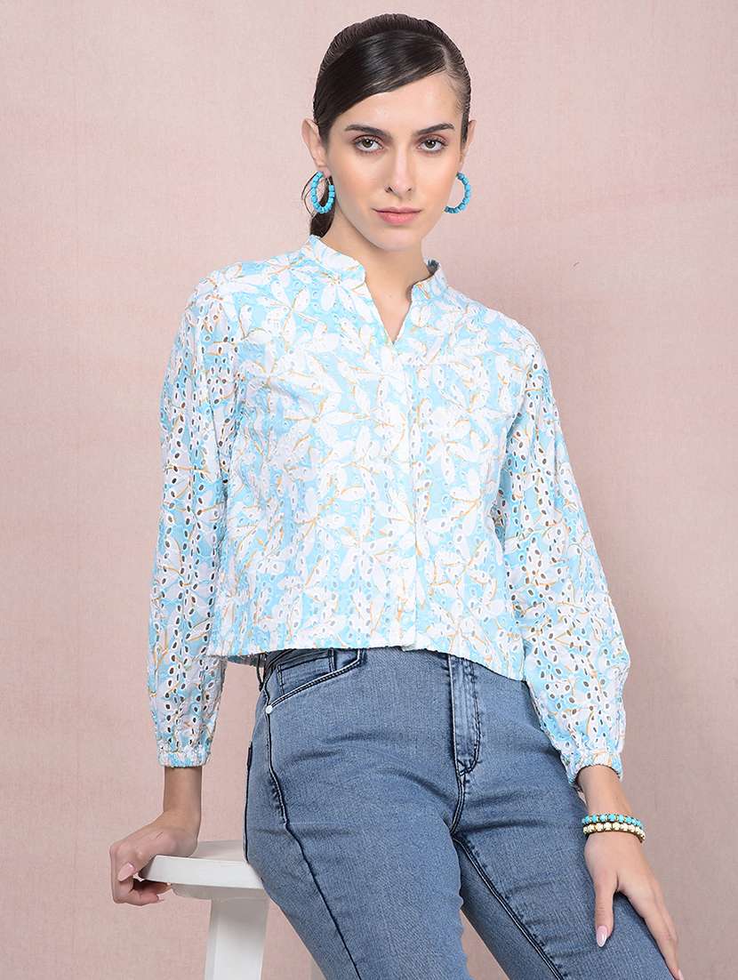 women printed puff sleeves crop schiffli shirt
