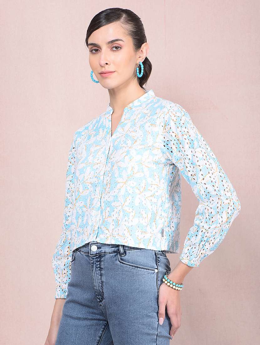 women printed puff sleeves crop schiffli shirt - 21854893 -  Standard Image - 1