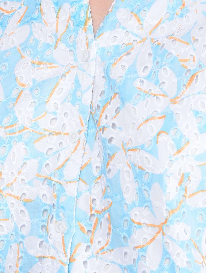 women printed puff sleeves crop schiffli shirt - 21854893 - Standard Image - 4