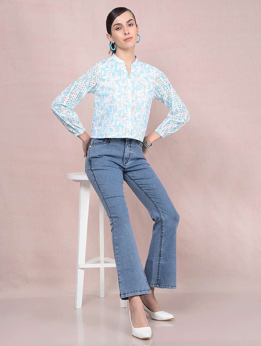 women printed puff sleeves crop schiffli shirt - 21854893 - Standard Image - 6
