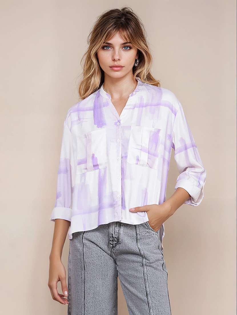 women printed roll-up sleeves high low shirt - 21854898 -  Standard Image - 1