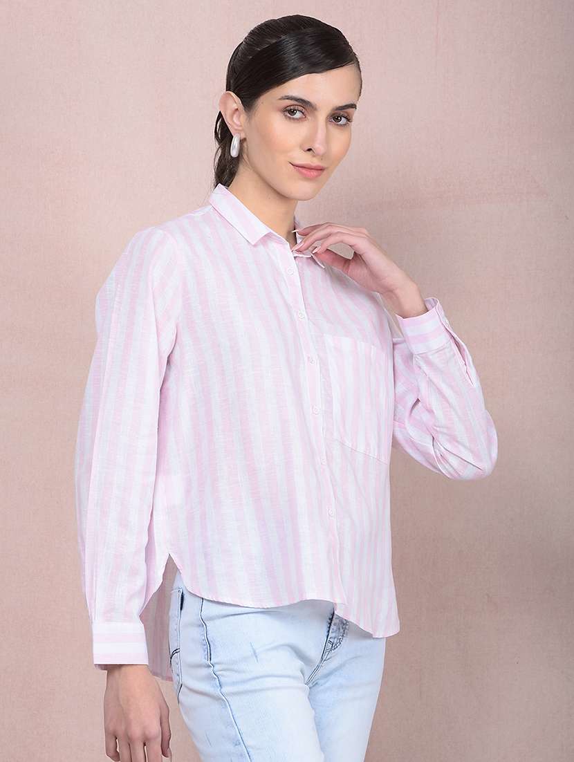 women striped long sleeves high low shirt - 21854899 - Standard Image - 1