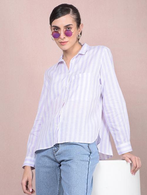 women striped collared high low shirt - 21854900 - Standard Image - 0