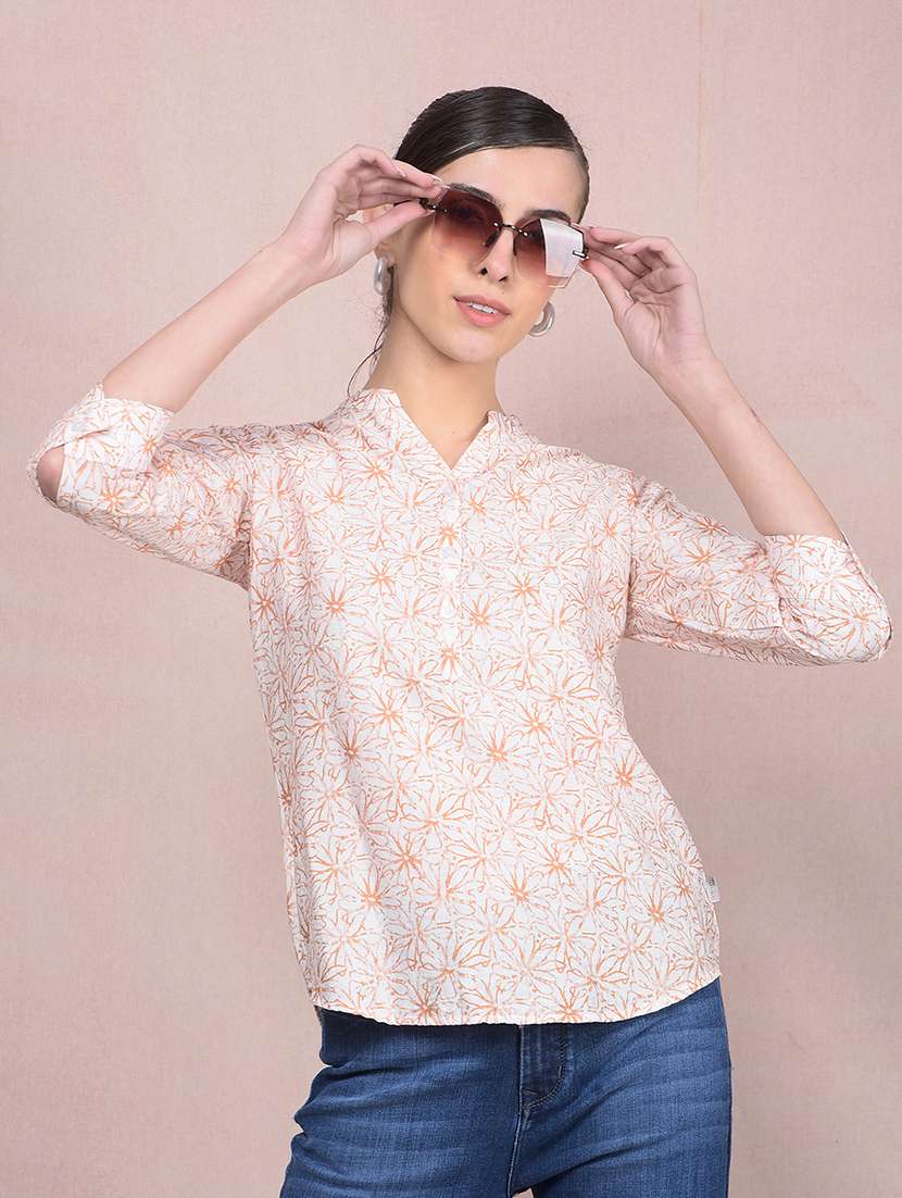 women printed mandarin neck regular top