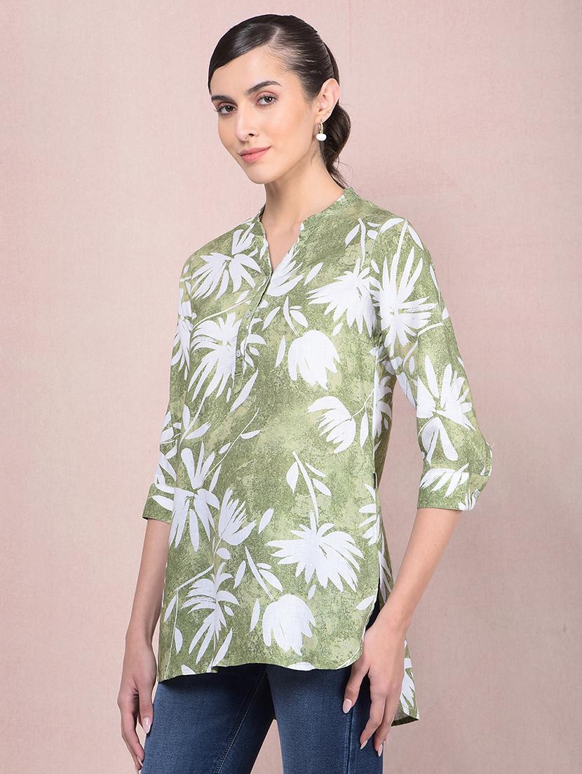 women printed mandarin neck high low kurti - 21854912 - Standard Image - 1