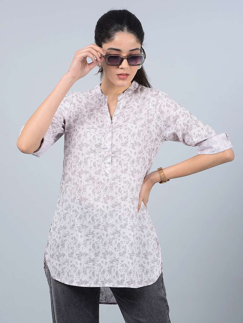 women printed mandarin neck high low kurti