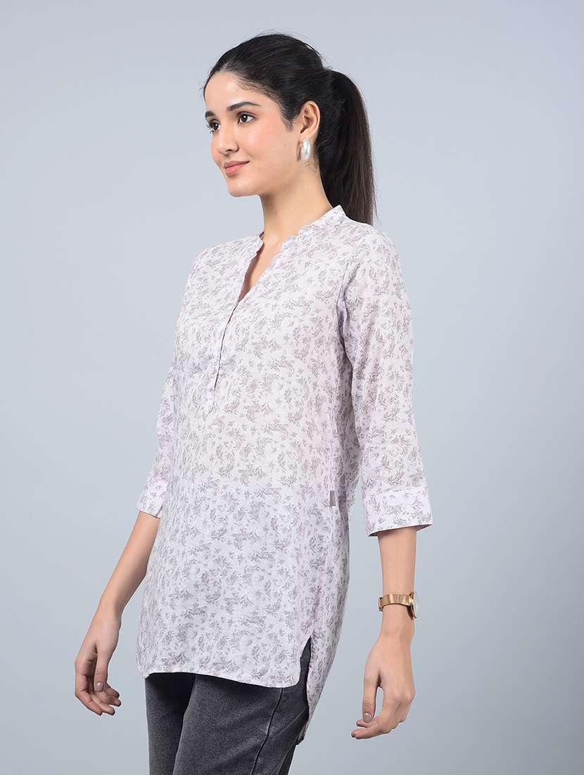 women printed mandarin neck high low kurti - 21854914 - Standard Image - 1