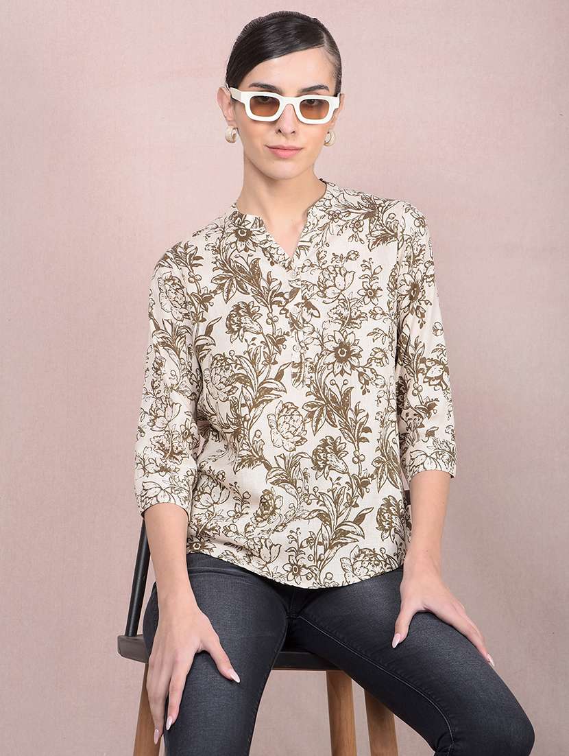 women printed mandarin neck high low top