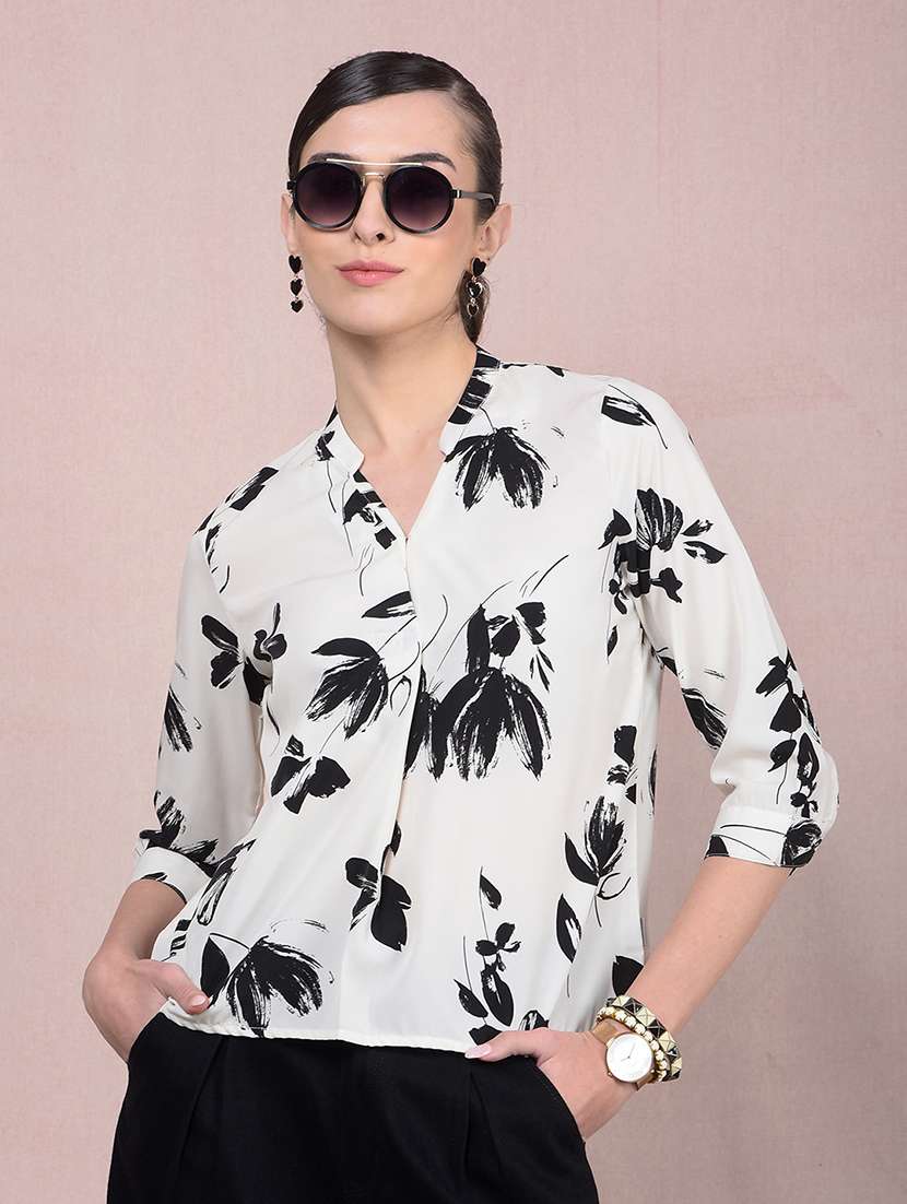 women printed mandarin neck regular top