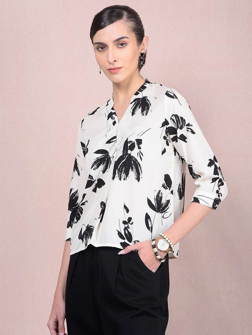 women printed mandarin neck regular top - 21854922 -  Standard Image - 1